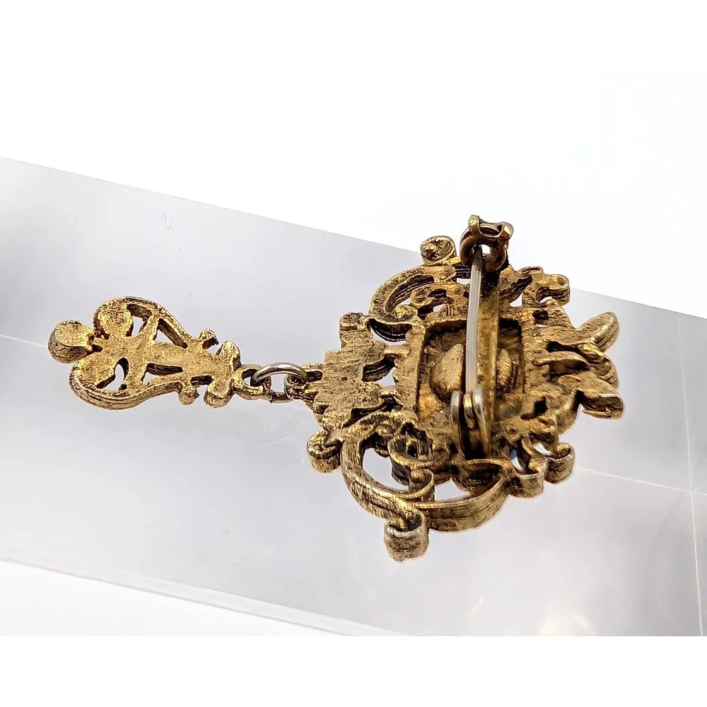 Vintage Blue Cabochon Brooch‎ Gold Tone Dangle Ornate Victorian Revival